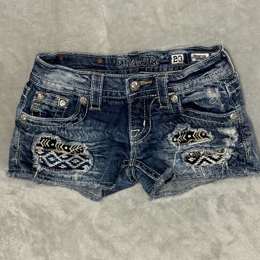Miss Me Distressed Denim Shorts with Embroidered Accents